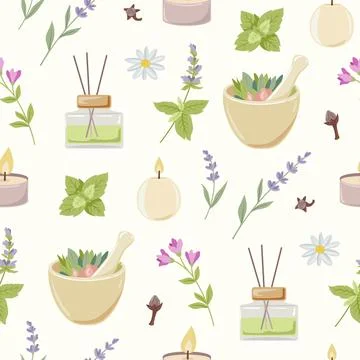 Aromatherapy seamless pattern  with herbs and mortar 스톡 일러스트