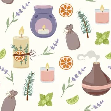 Aromatherapy seamless pattern  with herbs, aroma lanp and candles Stockillustratie