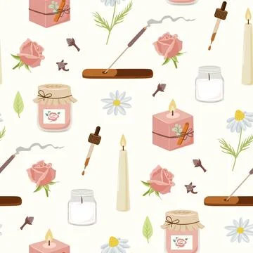Aromatherapy seamless pattern with rose oil and candles Stock Illustration