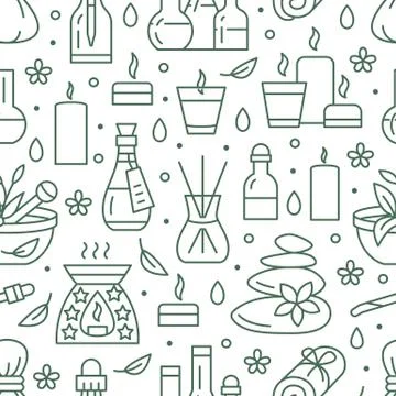 Aromatherapy seamless pattern with vector flat line icons. Essential oil vector Illustrazione stock