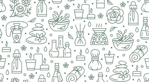 Aromatherapy seamless pattern with vector flat line icons. Essential oil vector Stock Illustration