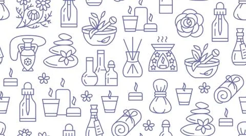 Aromatherapy seamless pattern with vector flat line icons. Essential oil vector Illustrazione stock