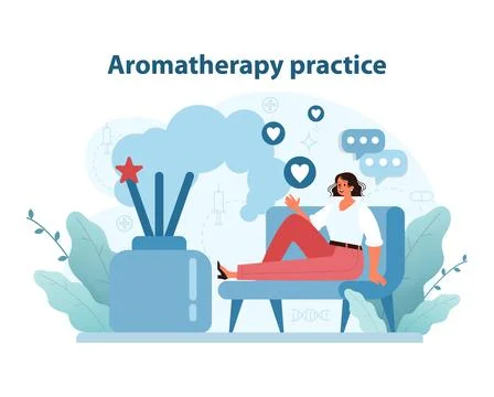 Aromatherapy Session Illustration. A serene setting depicts a woman relaxing 库存插图