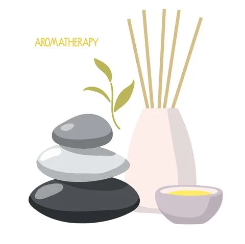 Aromatherapy set. Aroma diffuser, essential oil in bowl, medical herbs, balance イラスト素材