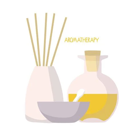 Aromatherapy. Set with essential oil, diffuser, mortar and pestle. Home health Stock Illustration