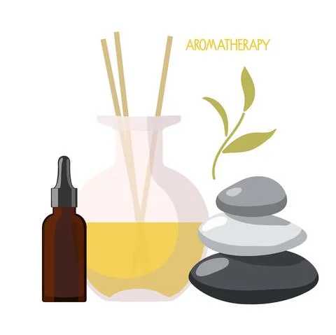 Aromatherapy set. Glass Aroma diffuser with yellow liquid, essential oil in イラスト素材