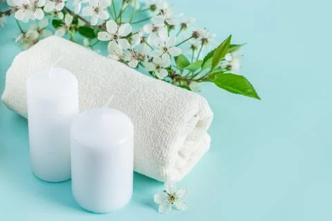 Aromatherapy wellness concept. Spa and relaxation accessories on blue backg.. Stock Photos