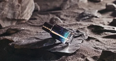 Aromatic blue perfume on dark volcanic rock. Vídeo Stock 332251116