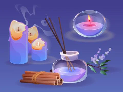 Aromatic candles set isolated on blue background Stock Illustration
