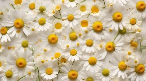 Aromatic Chamomile Herbs Horizontal Background. Stock Photos