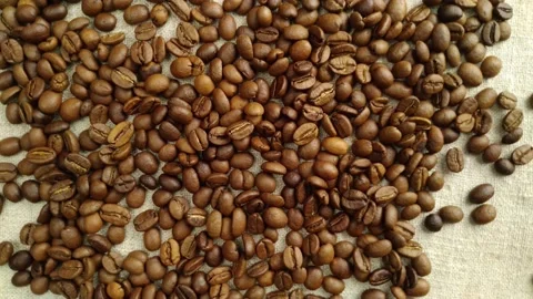 Aromatic coffee beans are randomly scattered on a textile napkin, in a slow Video stock 150907377