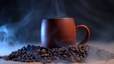 Aromatic coffee. a beautiful ceramic mug with an invigorating drink among cof Video stock 170869555