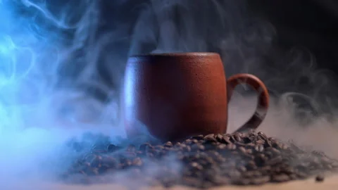 Aromatic coffee. a beautiful ceramic mug with an invigorating drink among cof Video stock 170869832