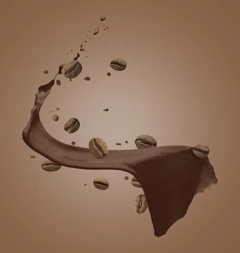 Aromatic coffee splash and roasted beans in air on brown gradient background Stock Photos