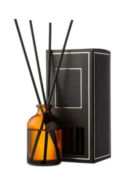 Aromatic diffuser bottle with sticks isolated on white background Foto stock