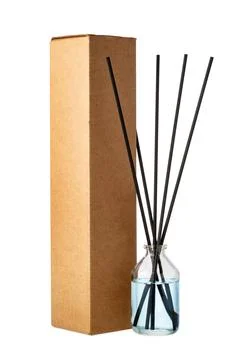 Aromatic diffuser bottle with sticks isolated on white background Foto stock