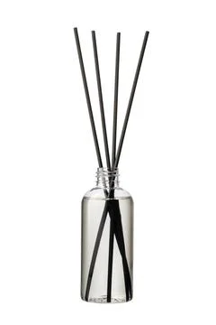 Aromatic diffuser bottle with sticks isolated on white background Foto stock