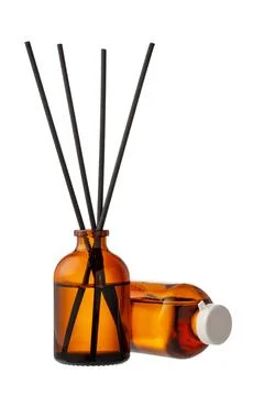 Aromatic diffuser bottle with sticks isolated on white background Stock Photos