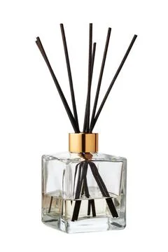 Aromatic diffuser bottle with sticks isolated on white background Foto stock