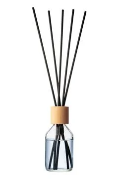 Aromatic diffuser bottle with sticks isolated on white background Foto stock