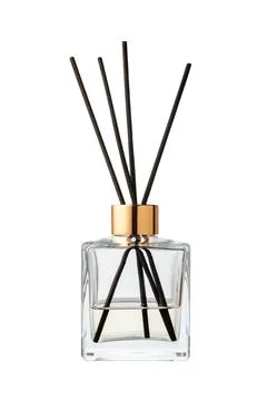 Aromatic diffuser bottle with sticks isolated on white background Foto stock