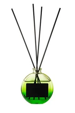 Aromatic diffuser bottle with sticks isolated on white background Foto stock