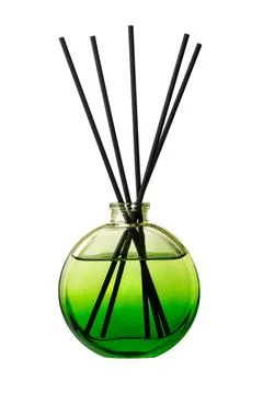 Aromatic diffuser bottle with sticks isolated on white background Foto stock