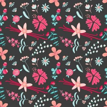 Aromatic flower tea seamless pattern with vanilla, hypiscus, linden, clover.  Stock Illustration