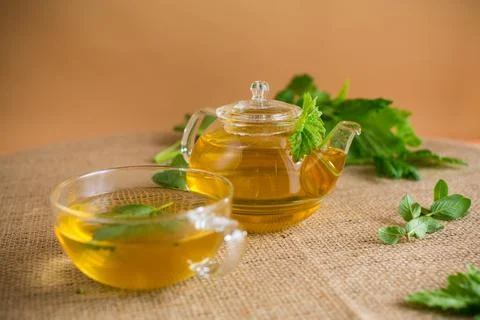 Aromatic herbal tea from mint and currant on brown background Stock Photos