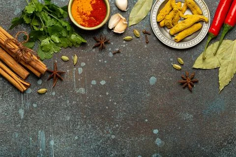 Aromatic Indian spices creating a frame on a dark textured background Stock Photos
