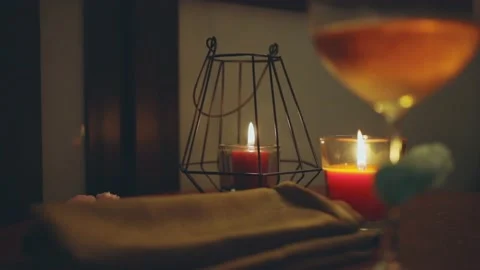 Aromatic Scented Candles Lighted At Night On Side Table Of Bedroom. - Stock Footage