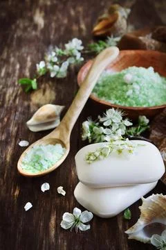 Aromatic soap and salt on the old wooden background. aromatherapy spa concept Stock Photos