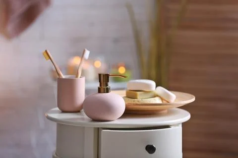 Aromatic soap and shampoo on table against blurred background. Space for text 스톡 사진