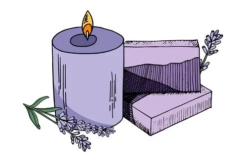Aromatic soap composition. Hand-sketched herbs used for cosmetics, perfumery Stock Illustration