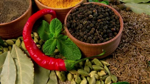 Aromatic Spice Mix with Black Pepper, Turmeric, and Cumin. Stock Footage 297971602