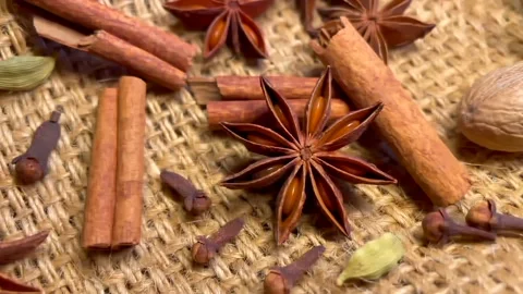 Aromatic spices collection, Christmas vibes. Mulled wine ingredients Stock Footage 219735481