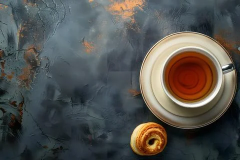 Aromatic tea with pastry on rustic tabletop Stock Photos