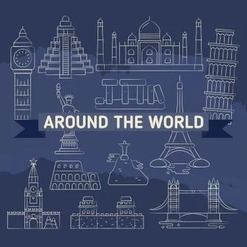 Around the world linear icons - famous landmarks 스톡 일러스트
