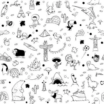Around the World seamless pattern in black and white Stock Illustration