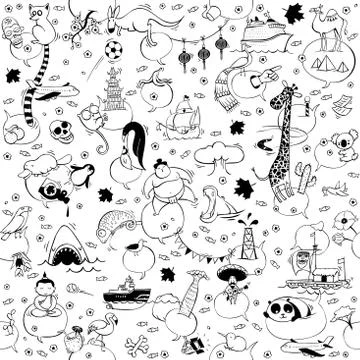 Around the World seamless pattern in black and white Stock Illustration