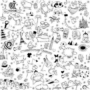 Around the World seamless pattern in black and white Stock Illustration