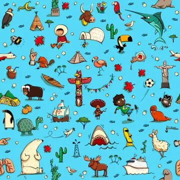 Around the World seamless pattern in colors on blue background Stock Illustration