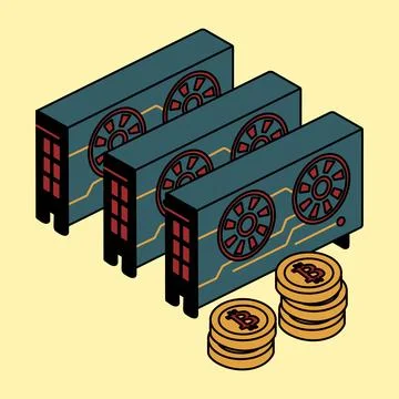 Arranged for cryptocurrency mining with stacks of Bitcoin coins Illustrazione stock