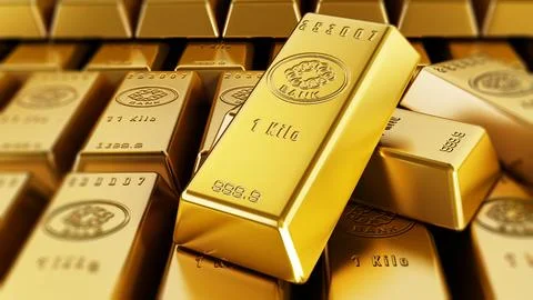 Arranged gold ingot stack render. 3D illustration 库存插图