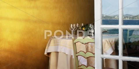 Arranged table in a restaurant and open window Stock Illustration