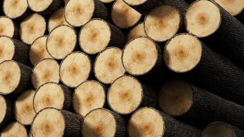 Arranged wood log stack background. 3D illustration Stock Illustration