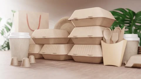 An arrangement of beige eco-friendly packaging and utensils on a wooden table Stock Footage 264060982