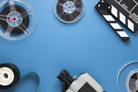 Arrangement cinema elements blue background with copy space. High quality photo Stock Photos