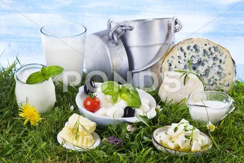 An Arrangement Of Dairy Products In A Green Field