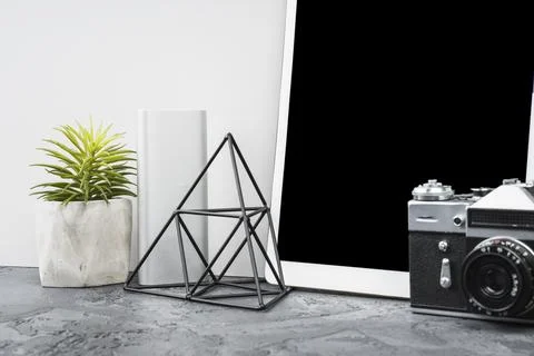 Arrangement desk decor camera Stock Photos